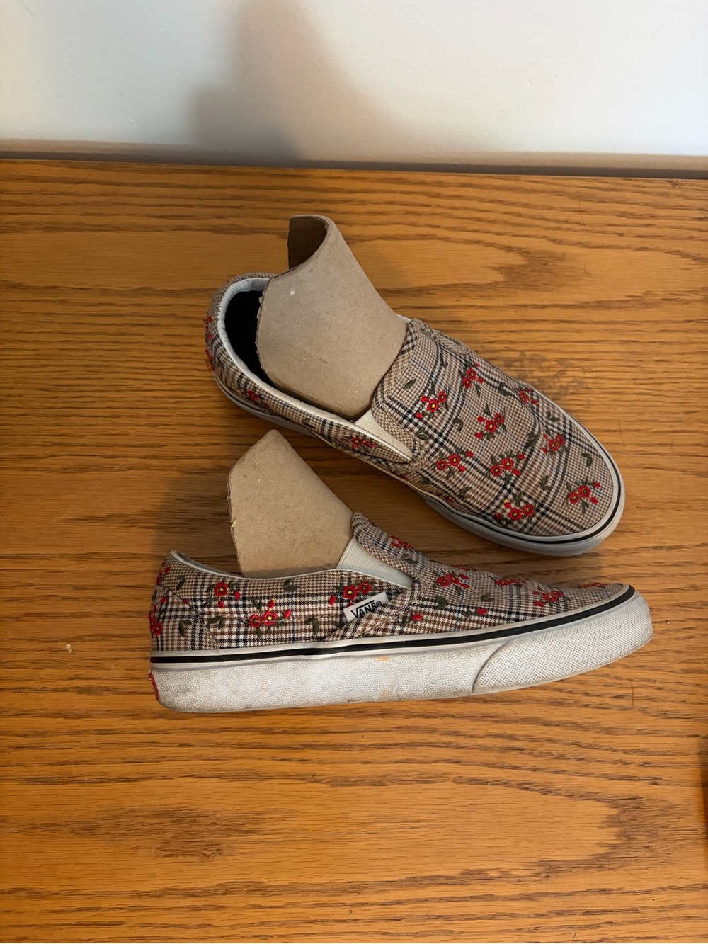 Vans Slip-On in Tan Plaid with Red Floral Embroidery